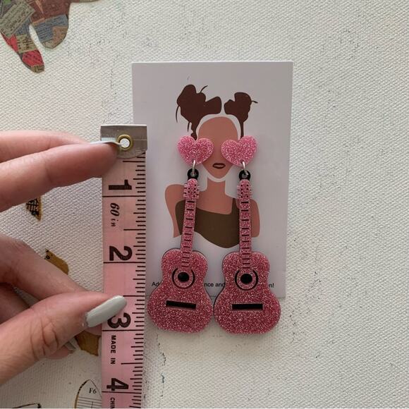 Pink Glitter Guitar and Heart Charm Drop Barbiecore Eras Statement Earrings - Picture 3 of 5